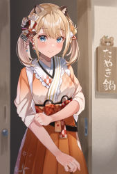 Rule 34 | 1girl, absurdres, animal ear fluff, animal ears, blue eyes, blush, breasts, brown hair, brown hakama, brown kimono, closed mouth, commentary request, hakama, hakama skirt, haru yu, highres, hololive, indoors, japanese clothes, kazama iroha, kimono, long sleeves, looking at viewer, medium breasts, skirt, smile, solo, twintails, virtual youtuber