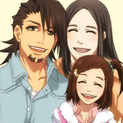 Rule 34 | 10s, 1boy, 2girls, age difference, bad id, bad pixiv id, braid, braided bangs, brown eyes, brown hair, closed eyes, facial hair, family, father and daughter, hair ornament, hairclip, kaburagi kaede, kaburagi t. kotetsu, kaburagi tomoe, long hair, mother and daughter, multiple girls, one side up, r ling, rou (r ling), short hair, side ponytail, stubble, tiger &amp; bunny