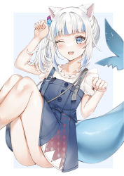 Rule 34 | 1girl, :d, ;d, absurdres, animal ears, ass, blue eyes, blunt bangs, blush, cat ears, collarbone, fins, fish tail, gawr gura, gawr gura (casual), highres, hololive, hololive english, knees up, looking at viewer, medium hair, official alternate costume, one eye closed, open mouth, paw pose, shark tail, sharp teeth, shirt, short sleeves, sitting, smile, solo, tail, teeth, upper teeth only, virtual youtuber, white hair, white shirt, yukineko1018