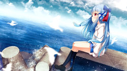 Rule 34 | 1girl, animal, arm support, bird, black footwear, black socks, blue bow, blue hair, blue skirt, blue sky, bow, chinomaron, cloud, cloudy sky, commentary request, day, dutch angle, foam, from side, hair bow, highres, hood, hood down, hoodie, kneehighs, kotonoha aoi, long hair, long sleeves, ocean, outdoors, pleated skirt, red eyes, shoes, sidelocks, signature, sitting, skirt, sky, sleeves past wrists, socks, solo, twitter username, very long hair, voiceroid, water, white hoodie