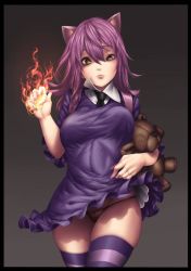 Rule 34 | 1girl, animal ears, annie (league of legends), backpack, bad id, bad pixiv id, bag, black border, black panties, border, breasts, cowboy shot, dress, fake animal ears, female focus, fire, fire, green eyes, hair between eyes, large breasts, league of legends, lips, looking at viewer, naidong (artist), aged up, panties, red hair, short dress, short hair, skindentation, solo, stuffed animal, stuffed toy, teddy bear, thighhighs, tibbers, underwear