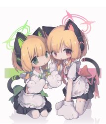 Rule 34 | 2girls, animal ear headphones, animal ears, animal hands, apron, blonde hair, blue archive, blush, bow, cat tail, collared shirt, fake animal ears, fox kikumi, frilled apron, frills, gloves, green bow, green eyes, green halo, green necktie, hair bow, halo, headphones, highres, midori (blue archive), momoi (blue archive), multiple girls, necktie, open mouth, paw gloves, pink halo, red bow, red eyes, red necktie, shirt, short hair, siblings, simple background, sisters, tail, thighhighs, twins, twintails, white apron, white background, white gloves, white shirt, white thighhighs