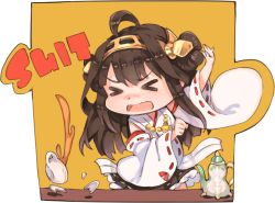 Rule 34 | &gt; &lt;, 10s, 1girl, ahoge, breaking, broken, brown hair, chibi, cup, detached sleeves, double bun, english text, closed eyes, hairband, hao (patinnko), highres, japanese clothes, kantai collection, kongou (kancolle), long hair, open mouth, personification, profanity, ribbon-trimmed sleeves, ribbon trim, saucer, solo, spilling, teacup, teapot, transparent background, wavy mouth