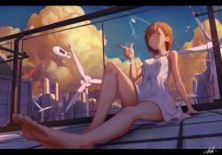 Rule 34 | 1girl, absurdres, aircraft, arm support, bare legs, bingwei huang, blue sky, breasts, brown eyes, brown hair, building, city, cityscape, cloud, cloudy sky, coin, day, dirigible, dress, electricity, electrokinesis, fantasy, feet, finger gun, foot focus, foreshortening, full body, grin, highres, huge filesize, knee up, legs, letterboxed, medium breasts, misaka mikoto, on floor, outdoors, pointing, psychic, rooftop, scenery, science fiction, short hair, signature, sitting, sky, skyscraper, smile, solo, sundress, teeth, thighs, toaru kagaku no railgun, toaru majutsu no index, white dress, wind turbine, windmill
