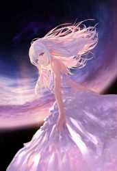 Rule 34 | 1girl, bad id, bad pixiv id, bare shoulders, breasts, closed mouth, dress, dutch angle, floating hair, from below, hair between eyes, highres, jname, long hair, looking at viewer, looking down, night, night sky, original, purple eyes, sky, small breasts, solo, star (sky), starry sky, white dress, white hair