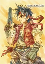 Rule 34 | 1boy, blue hair, closed mouth, commentary request, gloves, gun, headband, link (aa30), male focus, red vest, rody roughnight, shirt, smile, solo, vest, weapon, wild arms, wild arms 1