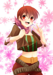 Rule 34 | 1girl, belt, blush, breasts, flower, highres, iria animi, jacket, midriff, navel, open mouth, pants, red eyes, red hair, scarf, short hair, tales of (series), tales of innocence