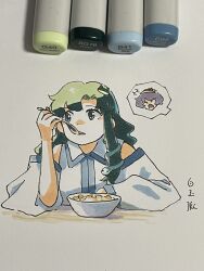 Rule 34 | 1girl, arms on table, art tools in frame, cereal, collared shirt, corn flakes, detached sleeves, expressionless, frog hair ornament, green eyes, green hair, hair ornament, hand up, highres, holding, holding spoon, kochiya sanae, long hair, looking afar, looking to the side, marker, marker (medium), open mouth, photo (medium), shiratama (hockey), shirt, shout lines, shouting, signature, single sidelock, sleeveless, sleeveless shirt, snake hair ornament, speech bubble, spoken character, spoon, touhou, traditional media, utensil in mouth, white shirt, white sleeves, yasaka kanako