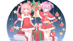 Rule 34 | 2girls, :d, absurdres, asymmetrical hair, azur lane, bell, blue eyes, bow, box, capelet, christmas ornaments, commentary request, crown, detached sleeves, dress, fur-trimmed capelet, fur-trimmed dress, fur-trimmed gloves, fur-trimmed shirt, fur-trimmed skirt, fur-trimmed sleeves, fur trim, gift, gift box, gloves, hair between eyes, hair bow, hair ribbon, hand on own hip, head tilt, highres, javelin (azur lane), juno (azur lane), loafers, long hair, long sleeves, looking at viewer, midriff, mini crown, multiple girls, navel, open mouth, pink bow, pink eyes, pink hair, purple hair, purple ribbon, red capelet, red dress, red footwear, red gloves, red shirt, red skirt, ribbon, ribbon-trimmed legwear, ribbon trim, salute, shirt, shoes, skirt, smile, standing, standing on one leg, star (symbol), striped, striped bow, thighhighs, twintails, uneven twintails, very long hair, white legwear, zuu (qq770463651)