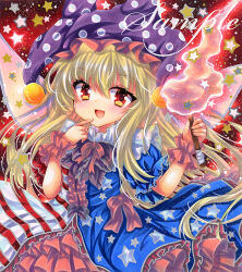 Rule 34 | 1girl, american flag dress, blonde hair, center frills, clownpiece, embellished costume, fairy wings, finger to mouth, fire, frills, hat, holding, holding torch, jester cap, long hair, looking at viewer, marker (medium), open mouth, polka dot headwear, puffy short sleeves, puffy sleeves, purple hat, red eyes, rui (sugar3), sample watermark, short sleeves, smile, solo, star (symbol), torch, touhou, traditional media, upper body, watermark, wings, wrist cuffs