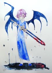 Rule 34 | 00s, 177, :p, ambiguous gender, androgynous, blood, bloody weapon, crona (soul eater), dress, gender request, looking at viewer, painting (medium), pink eyes, pink hair, ragnarok (demon sword), short hair, simple background, soul eater, sword, tongue, tongue out, traditional media, watercolor (medium), weapon, wings