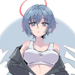 Rule 34 | 1girl, arknights, bare shoulders, blue eyes, blue hair, breasts, chomo o12, collarbone, commentary request, crop top, detached wings, grey jacket, halo, highres, jacket, looking at viewer, medium breasts, off shoulder, open clothes, open jacket, parted lips, solo, spuria (arknights), upper body, white wings, wings