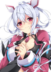 Rule 34 | 1girl, ahoge, blush, breasts, bright background, cleavage, cleavage cutout, clothing cutout, hair between eyes, hair ornament, highres, innocent cluster, jewelry, long hair, long sleeves, looking at viewer, matoi (pso2), milkpanda, phantasy star, phantasy star online 2, red eyes, silver hair, simple background, smile, solo, twintails, white background