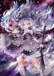 Rule 34 | 1girl, ahoge, alternate costume, apron, assault rifle, automatic rifle, bandaged leg, bandaged neck, bandages, bandaid, blood, blood bag, blue eyes, blush, breasts, corset, deep wound, dress, enmaided, floating hair, frilled apron, frilled skirt, frills, girls&#039; frontline, gun, hair between eyes, highres, injury, intravenous drip, light particles, long hair, looking at viewer, maid, maid headdress, medium breasts, messy hair, parted lips, puffy short sleeves, puffy sleeves, ribeyrolles (girls&#039; frontline), ribeyrolles 1918, rifle, short sleeves, sidelocks, signature, silver hair, skirt, solo, very long hair, walking, wavy hair, weapon, wind, wind lift, wrist cuffs, zenyu