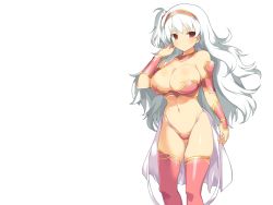 Rule 34 | 1girl, adjusting hair, bare shoulders, blush, breasts, cleavage, evenicle, female focus, game cg, hairband, large breasts, legs, long hair, looking at viewer, navel, pink legwear, ramius (evenicle), red eyes, serious, simple background, solo, standing, thighs, thong, white hair, yaegashi nan