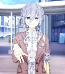 Rule 34 | 1girl, bag, bags under eyes, blue eyes, braid, breasts, date a live, dress, french braid, grey hair, hair between eyes, handbag, highres, jacket, large breasts, long sleeves, looking at viewer, murasame reine, outstretched arm, outstretched hand, reaching, reaching towards viewer, screencap, sidelocks, smile, stitched, stuffed animal, stuffed toy, teddy bear, third-party edit, white dress