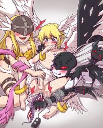 Rule 34 | 1boy, 2girls, absurdres, anal, anal beads, anal object insertion, angel wings, angewomon, anus, arm ribbon, bandai, bangle, barefoot, black mask, blonde hair, blush, bracelet, breasts, censored, chain, closed mouth, colored skin, covered eyes, curvy, digimon, digimon (creature), dildo, feathered wings, feet, femdom, glansjob, grey hair, grey skin, head wings, helmet, highres, jewelry, kneeling, ladydevimon, licking lips, long hair, lucemon, mask, masturbation, moaning, mosaic censoring, multiple girls, object insertion, one eye closed, open mouth, pussy, pussy juice, remote control vibrator, revealing clothes, ribbon, sex toy, shiny skin, smile, spread legs, stitches, studded bracelet, sweat, tattoo, tearing up, tears, testicles, thigh strap, toes, tongue, tongue out, trembling, uncensored, very long hair, vibrator, wb (dl4239dl), white wings, wings, wink