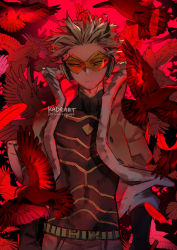 Rule 34 | 1boy, belt, bird, boku no hero academia, closed mouth, feathers, flying, glasses, hawks (boku no hero academia), headphones, jacket, kadeart, looking at viewer, male focus, red feathers, red theme, serious, shirt, solo, upper body