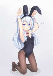 Rule 34 | 1girl, animal ears, armpits, bad id, bad pixiv id, black leotard, blue eyes, brown pantyhose, detached collar, fake animal ears, full body, gradient background, grey background, hibiki (kancolle), highres, kantai collection, kneeling, leotard, looking at viewer, neck ribbon, open mouth, pantyhose, playboy bunny, rabbit ears, rabbit girl, rabbit pose, rabbit tail, red ribbon, reitou mikan, ribbon, silver hair, solo, strapless, strapless leotard, tail, wrist cuffs