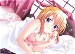 Rule 34 | 1girl, bare arms, bed sheet, blonde hair, blurry, blurry background, breasts, cleavage, closed mouth, collarbone, dutch angle, gochuumon wa usagi desu ka?, hair between eyes, highres, hoto cocoa, kohakugin, long hair, looking at viewer, lying, on side, pink shirt, purple eyes, shirt, sleeveless, sleeveless shirt, small breasts, smile, solo, straight hair, under covers