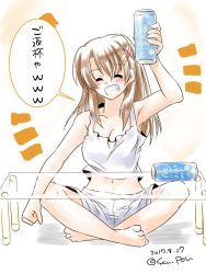 Rule 34 | 1girl, arm up, barefoot, beer can, breasts, can, cleavage, closed eyes, dated, drink can, grin, hair ornament, highres, holding, holding can, indian style, long hair, lyrical nanoha, midriff, navel, san-pon, shorts, sitting, smile, solo, table, tank top, twitter username, white shorts, x hair ornament, yagami hayate