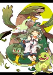Rule 34 | 1girl, arm support, blue skirt, bulbasaur, character request, collared shirt, commentary, creatures (company), crossover, detached sleeves, frog hair ornament, game freak, gen 1 pokemon, gen 2 pokemon, green eyes, green hair, grin, hair ornament, highres, kneeling, kochiya sanae, leaning forward, letterboxed, long hair, looking at viewer, medium skirt, nintendo, poke ball, poke ball (basic), poke ball symbol, pokemon, pokemon (creature), politoed, polka dot, polka dot skirt, shirt, skirt, sleeveless, sleeveless shirt, smile, snake hair ornament, sparkling eyes, star (symbol), tabun (osoracu), touhou, trait connection, white shirt, white sleeves, wind