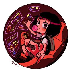 Rule 34 | 1girl, backpack, bag, black eyes, black hair, blush, blowing bubbles, chair, chewing gum, circle, closed mouth, highres, hologram, looking at viewer, marvel, medium hair, peni parker, pleated skirt, reaching, reaching towards viewer, robot, school uniform, shirt, short hair, sitting, skirt, smile, solo, sp//dr, spider-man: into the spider-verse, spider-man (series), spider-verse, sweater, sweater vest, white background, yoineko