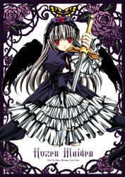 Rule 34 | 1girl, artist name, black dress, black hairband, black ribbon, black wings, bug, butterfly, closed mouth, copyright name, dress, feathered wings, flower, frilled dress, frilled hairband, frills, full body, gothic lolita, grey hair, hair ribbon, hairband, holding, holding sword, holding weapon, insect, juliet sleeves, kneeling, lolita fashion, lolita hairband, long hair, long sleeves, looking at viewer, medium bangs, morinaga hinase, neck ribbon, plant, puffy sleeves, purple flower, purple rose, red eyes, red flower, red rose, ribbon, rose, rozen maiden, smile, solo, suigintou, sword, thorns, translation request, vines, weapon, white background, white dress, wings, yellow butterfly