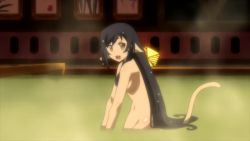 Rule 34 | 3girls, absurdly long hair, animal ears, animated, anime screenshot, aquaplus, arms up, bare arms, bare hips, bare legs, bare shoulders, barefoot, bath, bathing, black hair, bouncing breasts, breasts, breasts squeezed together, brown eyes, brown hair, cat tail, clothed female nude female, collarbone, completely nude, eyelashes, feet, from behind, from side, full body, gradient eyes, grin, hair between eyes, hair censor, hair down, hair over breasts, height difference, kuon (utawarerumono), legs up, long hair, medium breasts, multicolored eyes, multiple girls, navel, nekone (utawarerumono), nude, onsen, open mouth, outstretched arms, raised eyebrows, red eyes, rulutieh, screencap, shiny skin, sidelocks, small breasts, smile, splashing, spread arms, steam, swept bangs, tail, tail raised, tail wagging, teeth, toned, toned female, tongue, towel over breasts, twintails, utawarerumono, utawarerumono: itsuwari no kamen, very long hair, video, water, water drop, wet, wet hair, white fox (company)