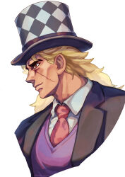 Rule 34 | 1boy, black jacket, blonde hair, brown eyes, checkered clothes, checkered headwear, closed mouth, collared shirt, commentary request, cropped shoulders, facial scar, hair behind ear, hat, highres, jacket, jojo no kimyou na bouken, lapels, male focus, medium hair, necktie, phantom blood, profile, purple vest, red necktie, robert e. o. speedwagon, scar, scar on cheek, scar on face, shikabane (draw tadao14), shirt, simple background, smile, solo, suit jacket, thick eyebrows, top hat, vest, white background, white shirt