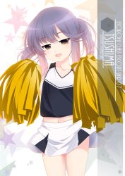 Rule 34 | 1girl, artist name, blouse, character name, cheerleader, commentary request, cowboy shot, crop top, gradient hair, highres, holding, holding pom poms, inaba shiki, kantai collection, looking at viewer, multicolored hair, one-hour drawing challenge, orange hair, pleated skirt, pom pom (cheerleading), pom poms, purple eyes, purple hair, shirt, short hair, short hair with long locks, sidelocks, skirt, sleeveless, sleeveless shirt, solo, tsushima (kancolle)