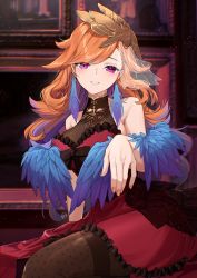 Rule 34 | 1girl, cleavage, dress, earrings, feather earrings, feathers, hair ornament, highres, hololive, hololive english, jewelry, long hair, meronpanne, nail, official alternate costume, orange hair, outstretched arm, pantyhose, pink eyes, red dress, see-through, see-through cleavage, sitting, smile, solo, takanashi kiara, takanashi kiara (party dress), virtual youtuber, wings