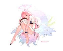Rule 34 | 1girl, absurdres, alternate costume, alternate hairstyle, angel wings, ass, barefoot, between toes, bikini, blue archive, blue bikini, blue hair, blush, breasts, candy, chinese text, chocolate, chocolate heart, closed mouth, commentary, doodle sensei (blue archive), feathered wings, feet, food, gradient hair, hair ornament, hair scrunchie, halo, heart, high ponytail, highres, holding with feet, hugging object, knees together feet apart, knees up, large breasts, legs, liwendala, long hair, mika (blue archive), multicolored hair, pink hair, scrunchie, sensei (blue archive), sideboob, sidelocks, smile, swimsuit, thighs, toes, undone bikini, very long hair, white wings, wing decorations, wings, wrist scrunchie, yellow eyes