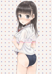 Rule 34 | 1girl, ass, bad anatomy, bad id, bad pixiv id, black eyes, black hair, competition swimsuit, from behind, fujita hidetoshi, looking back, no pants, one-piece swimsuit, open mouth, original, school uniform, solo, swimsuit, swimsuit under clothes