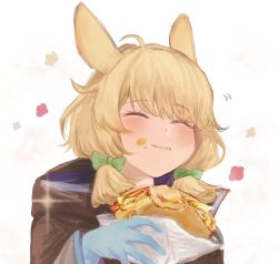 Rule 34 | 1girl, :t, ^ ^, ahoge, animal ears, arknights, black jacket, blonde hair, blue gloves, bow, burger, closed eyes, eating, closed eyes, food, food on face, gloves, green bow, hair bow, hair ornament, hairclip, hand up, highres, holding, holding food, jacket, kroos (arknights), lv2 1130, motion lines, rabbit ears, short hair, short twintails, simple background, solo, twintails, upper body, white background