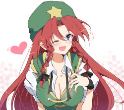 Rule 34 | 1girl, ;d, beret, blue eyes, braid, breasts, cleavage, commentary request, green hat, hat, hat ornament, heart, highres, hong meiling, ichimura kanata, large breasts, looking at viewer, one eye closed, open mouth, red hair, short sleeves, side braids, simple background, smile, solo, star (symbol), star hat ornament, touhou, twin braids, upper body, white background, wristband