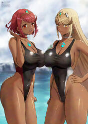 2girls absurdres asymmetrical_docking beach black_one-piece_swimsuit blonde_hair blurry blurry_background breast_press breasts choker circlet cleavage closed_mouth cloud cloudy_sky collarbone competition_swimsuit core_crystal_(xenoblade) covered_erect_nipples covered_navel earrings grey_sky hand_on_own_hip highleg highres jewelry large_breasts long_hair looking_at_viewer medium_hair multiple_girls mythra_(xenoblade) one-piece_swimsuit open_mouth outdoors pyra_(xenoblade) red_choker red_eyes red_hair sky smile swept_bangs swimsuit symmetrical_docking tan very_long_hair water white_choker xenoblade_chronicles_(series) xenoblade_chronicles_2 yamamori_kinako yellow_eyes