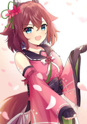 Rule 34 | 1girl, absurdres, animal ears, asahina yoi, blue eyes, blush, brown hair, cherry blossoms, detached sleeves, fingerless gloves, flower, gloves, hair between eyes, hair flower, hair ornament, highres, horse ears, horse girl, horse tail, looking at viewer, medium hair, open mouth, petals, pink hair, ribbon, sakura chiyono o (umamusume), simple background, solo, tail, umamusume