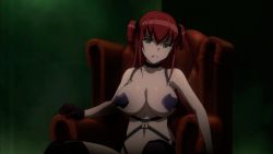 Rule 34 | 1girl, angry, animated, animated gif, bouncing breasts, breasts, chair, collar, female focus, gloves, green eyes, harness, large breasts, long hair, murasaki kaoru, pasties, pointing, red hair, sitting, solo, thighhighs, triage x, two side up