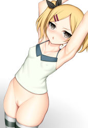 Rule 34 | 1girl, armpits, arms up, bare shoulders, black ribbon, blonde hair, blush, bottomless, breasts, camisole, cleft of venus, collarbone, commentary request, covered erect nipples, dutch angle, gradient background, grey background, grey eyes, groin, hair ornament, hair ribbon, hairclip, looking at viewer, parted bangs, parted lips, pussy, ribbon, shirobako, skindentation, small breasts, solo, striped clothes, striped thighhighs, thighhighs, toshishikisai, twintails, uncensored, v-shaped eyebrows, white background, white camisole, yano erika