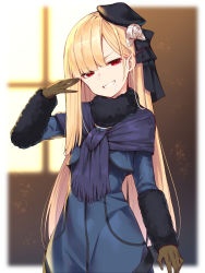 Rule 34 | 1girl, alternate eye color, amagasa yun, black hat, blonde hair, blue dress, blue scarf, blurry, blurry background, blush, brown gloves, depth of field, dress, fate (series), fringe trim, fur collar, gloves, grin, hand up, hat, hat ribbon, head tilt, highres, long hair, looking at viewer, lord el-melloi ii case files, red eyes, reines el-melloi archisorte, ribbon, scarf, smile, solo, standing, teeth, upper body, v-shaped eyebrows, very long hair, window