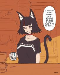 Rule 34 | 1girl, animal collar, animal ear fluff, animal ears, artist name, band shirt, black hair, black shirt, blunt bangs, cat ears, cat girl, cat tail, chain, coffee, coffee cup, coffee maker, coffee mug, collar, collarbone, commentary, cross, cup, disposable cup, drooling, emo fashion, english commentary, english text, eyeliner, goth fashion, highres, holding, holding cup, indoors, kitchen, latin cross, logo, makeup, merchandise, metallica, mug, multicolored hair, original, picote, red collar, red eyes, red hair, saliva, shirt, short hair, sleepy, solo, speech bubble, streaked hair, t-shirt, tail, tail strap, tented shirt, two-tone hair, upper body
