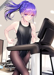 Rule 34 | 1girl, :o, bare arms, bare shoulders, black one-piece swimsuit, black pantyhose, ceiling light, commentary request, competition swimsuit, dated, exercising, exercise machine, eyelashes, flat chest, gym, high ponytail, highres, indoors, kobayashi chisato, light blush, long hair, looking at viewer, one-piece swimsuit, original, pantyhose, pantyhose under swimsuit, parted lips, purple hair, signature, solo, sweat, swimsuit, treadmill