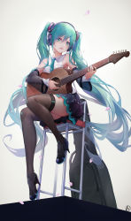 Rule 34 | 1girl, absurdres, black thighhighs, boots, detached sleeves, full body, hair ornament, hatsune miku, hatsune miku (nt), headphones, highres, layered sleeves, long hair, necktie, r/h, skirt, thigh boots, thighhighs, twintails, very long hair, vocaloid, zettai ryouiki