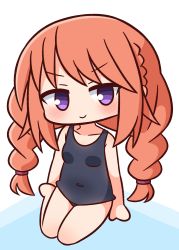 Rule 34 | 1girl, bare arms, bare legs, bare shoulders, barefoot, black one-piece swimsuit, blush, braid, breasts, brown hair, chibi, closed mouth, collarbone, commentary request, covered navel, full body, hana kazari, highres, long hair, looking at viewer, old school swimsuit, one-piece swimsuit, princess connect!, purple eyes, school swimsuit, sitting, small breasts, smile, solo, swimsuit, twin braids, twintails, v-shaped eyebrows, very long hair, yokozuwari, yuni (princess connect!)
