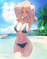 Rule 34 | 1girl, armpits, arms behind head, arms up, aztodio, bare shoulders, beach, bikini, blonde hair, blue bikini, blue eyes, blue sky, blush, bow, breasts, cleavage, collarbone, genshin impact, hair bow, jean (genshin impact), large breasts, long hair, looking at viewer, navel, ocean, one eye closed, ponytail, shore, sidelocks, sky, solo, swimsuit, thighs, wading