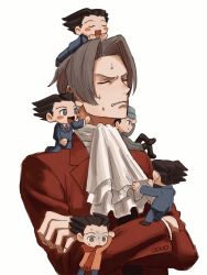 Rule 34 | ace attorney, apollo justice: ace attorney, ascot, bad id, bad pixiv id, beanie, chibi, chibi on head, chibi on shoulder, closed eyes, crossed arms, frown, grey hair, hat, highres, male focus, miles edgeworth, multiple persona, on head, parted bangs, phoenix wright, renshu usodayo, simple background, stress, white background