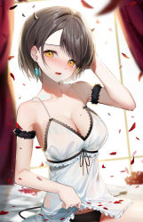 Rule 34 | 1girl, arm garter, bare shoulders, black panties, blush, breasts, brown hair, camisole, camisole lift, cleavage, clothes lift, collarbone, curtains, demon girl, demon horns, demon tail, drop earrings, earrings, falling petals, frills, glint, hand on own head, highres, horns, indoors, jewelry, lace trim, lifted by self, looking at viewer, md5 mismatch, medium breasts, mole, original, panties, parted lips, petals, pubic tattoo, raised eyebrows, resolution mismatch, rose petals, see-through, short hair, sidelocks, sitting, solo, source smaller, sugar (dndi888), swept bangs, tail, tattoo, thighs, underwear, white camisole, yellow eyes
