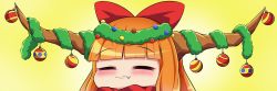 Rule 34 | 1girl, blush, bmkro, bow, christmas ornaments, christmas tree, christmas tree costume, closed eyes, closed mouth, fang, hair bow, highres, horns, ibuki suika, oni horns, orange hair, puffy cheeks, smile, solo, touhou, yellow background