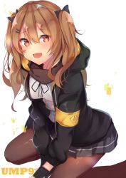 Rule 34 | 1girl, :d, ashino, between legs, black bow, black gloves, black jacket, black skirt, blush, bow, breasts, brown eyes, brown hair, brown pantyhose, character name, fingerless gloves, girls&#039; frontline, gloves, hair between eyes, hair bow, hair ornament, hairclip, highres, hood, hood down, hooded jacket, jacket, long hair, long sleeves, looking at viewer, miniskirt, open clothes, open jacket, open mouth, pantyhose, shirt, sitting, skirt, small breasts, smile, solo, twintails, ump9 (girls&#039; frontline), wariza, white background, white shirt
